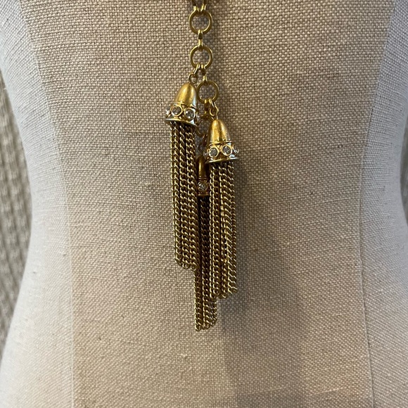 J Crew Necklace Gold Rhinestones Tassels Long Pendent Necklace - Picture 3 of 9